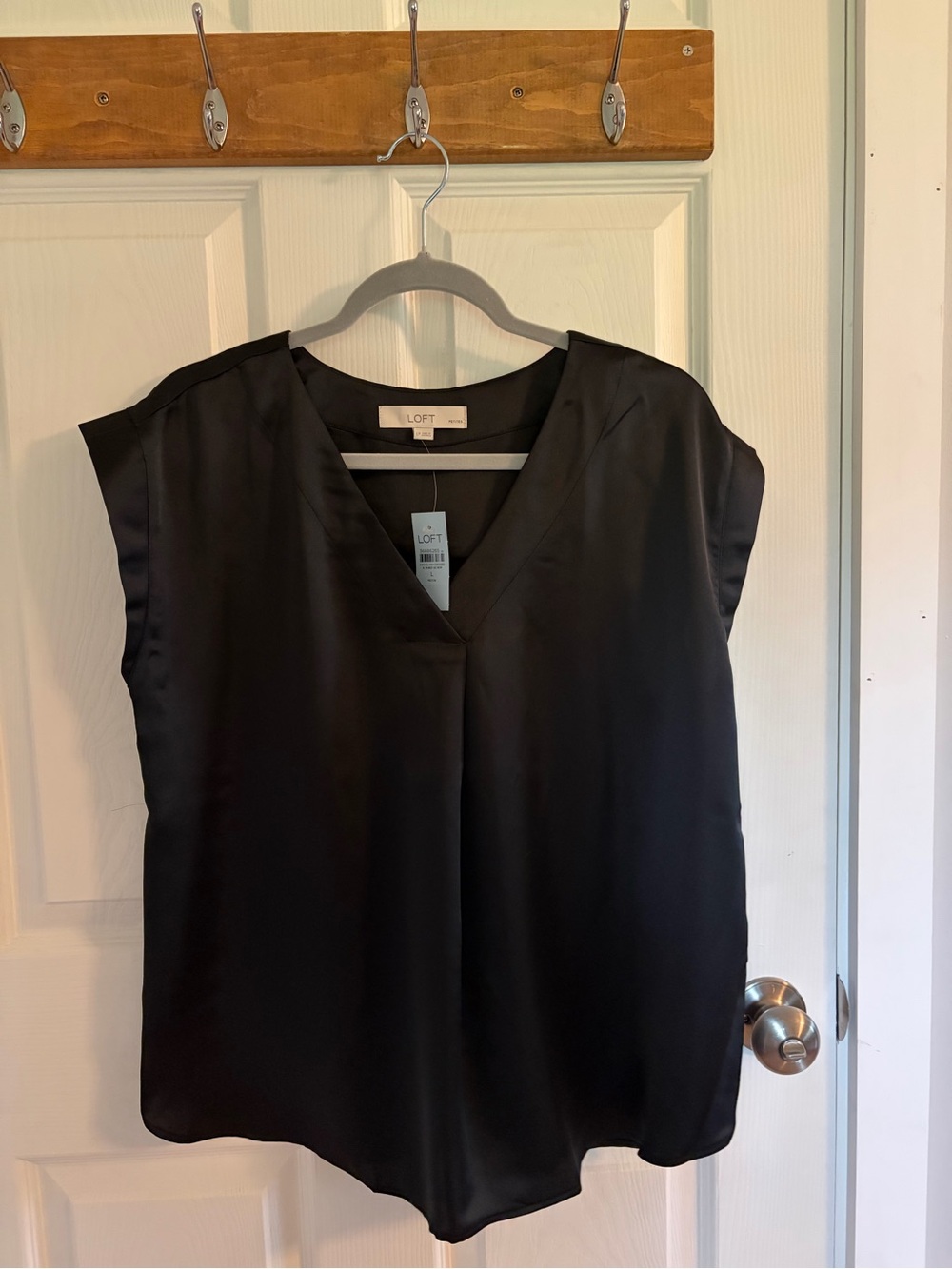 LOFT Black Satin V-Neck Cap Sleeve Blouse